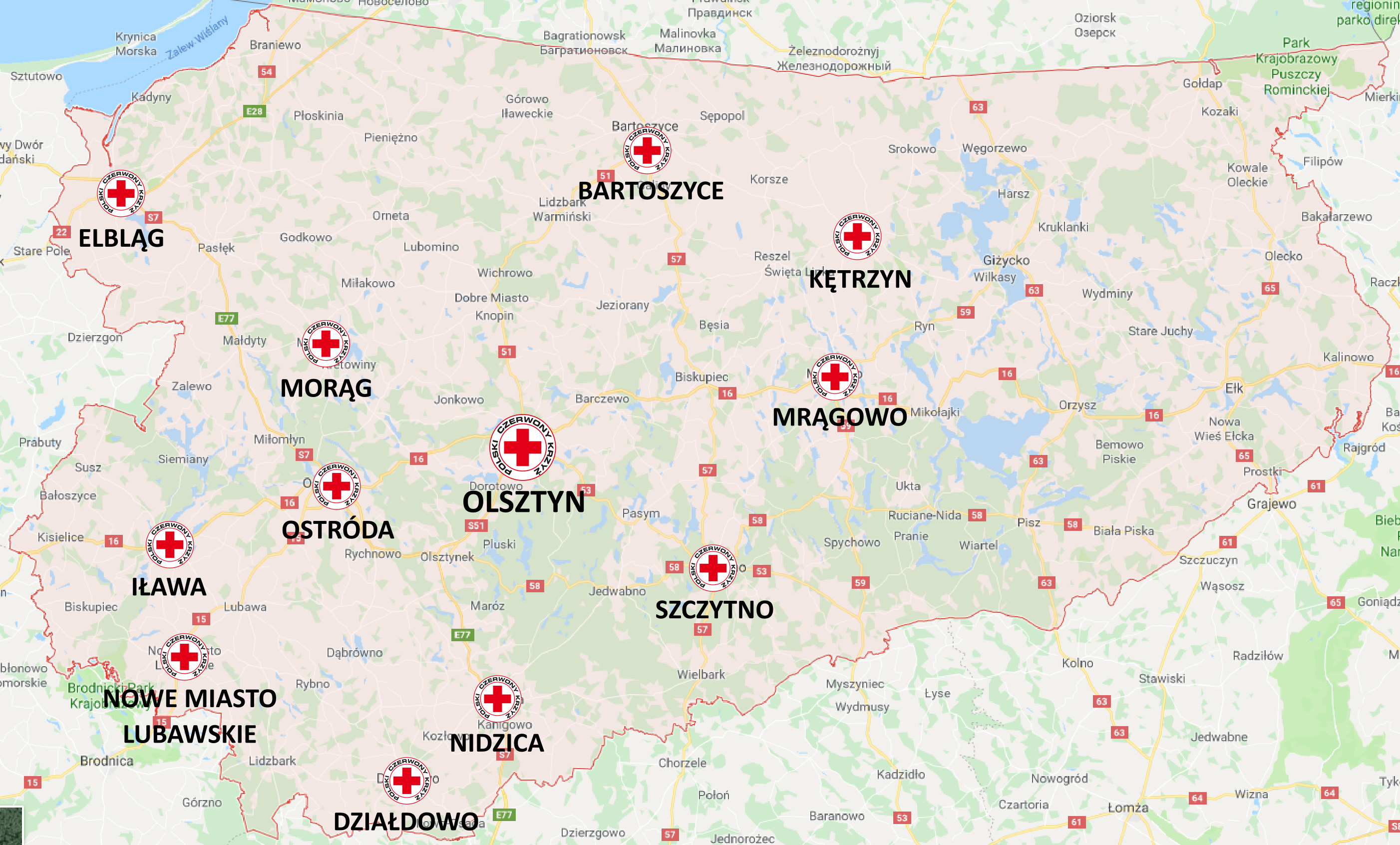 Mapa oddziałów rejonowych Warmińsko-Mazurskiego Oddziału Okręgowego PCK